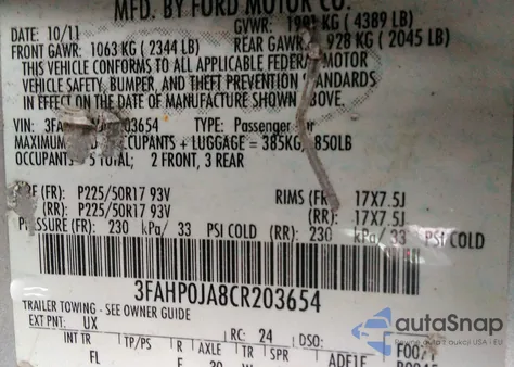 2012 Ford Fusion Sel z USA, uszkodzony, nr VIN 3FAHP0JA8CR203654